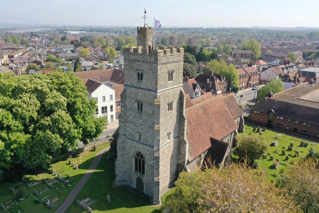 An aerial photograph of St Margaret’s Church and churchyard