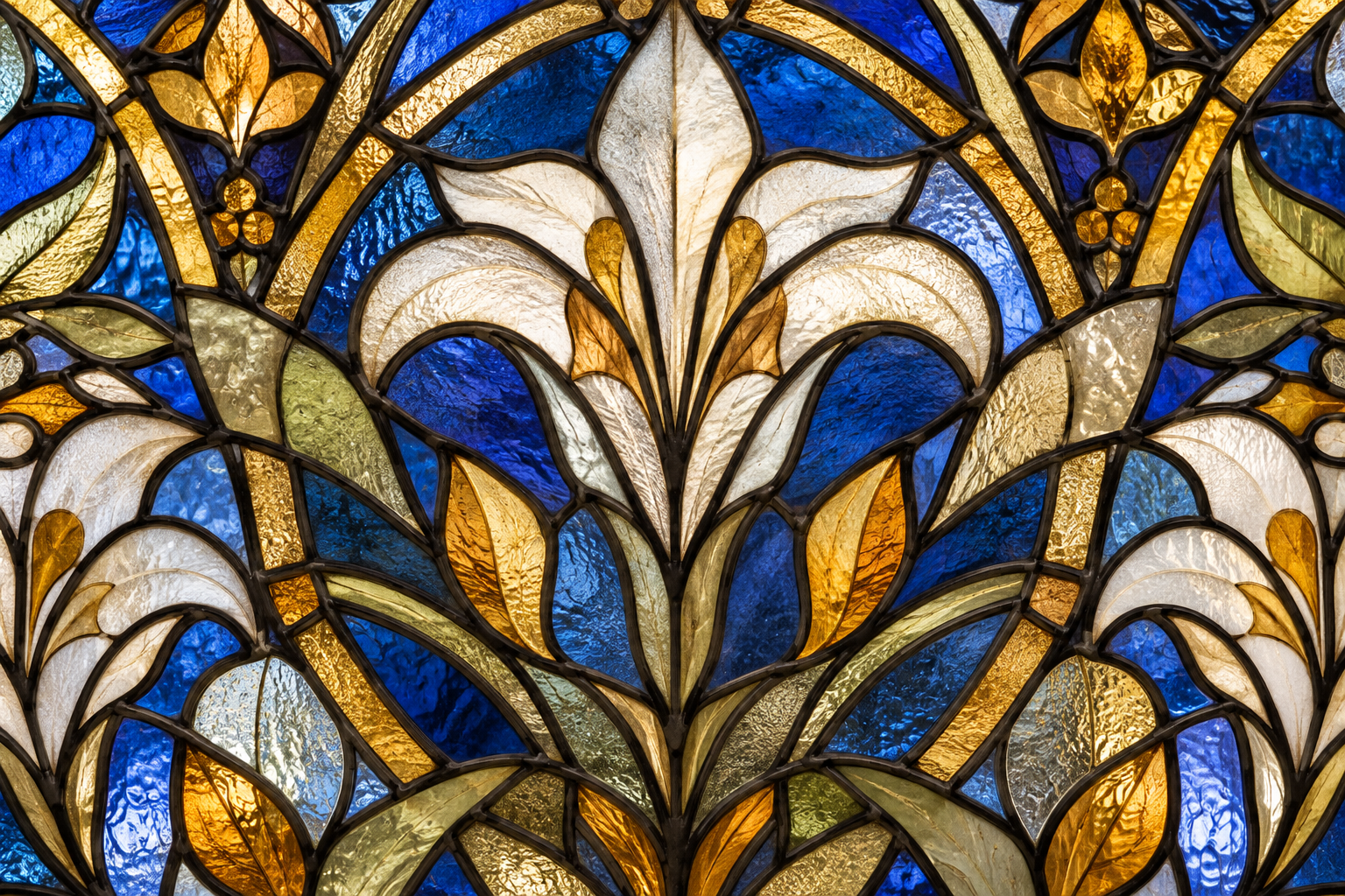 Daylight through blue and amber stained glass