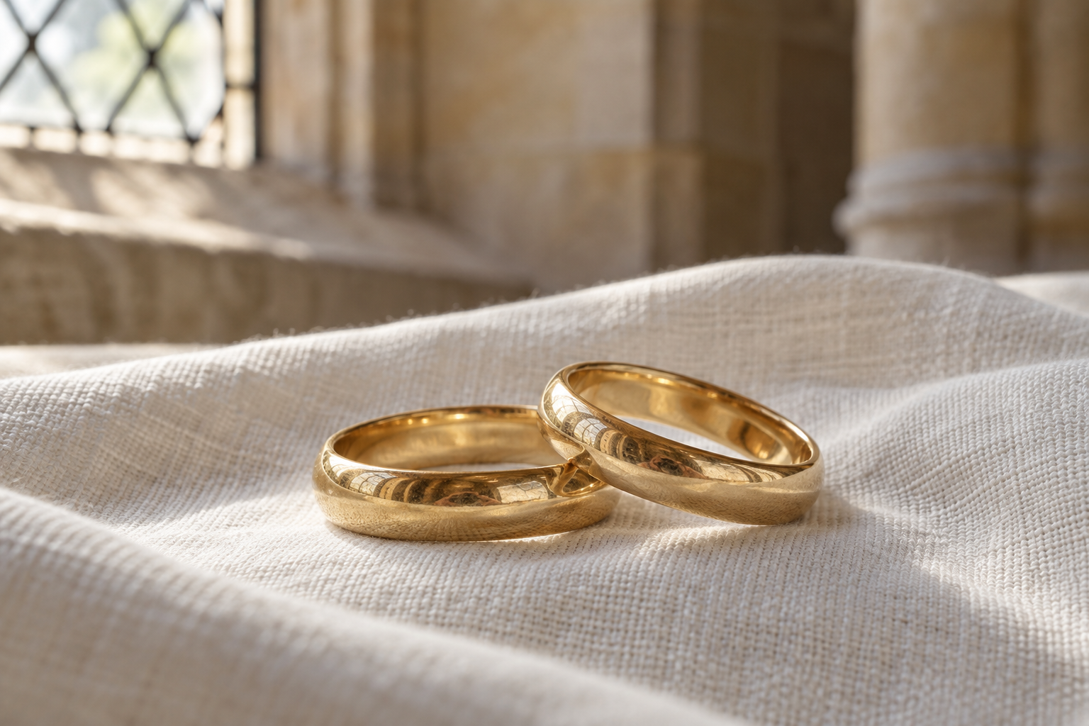 Two gold wedding rings on ivory linen