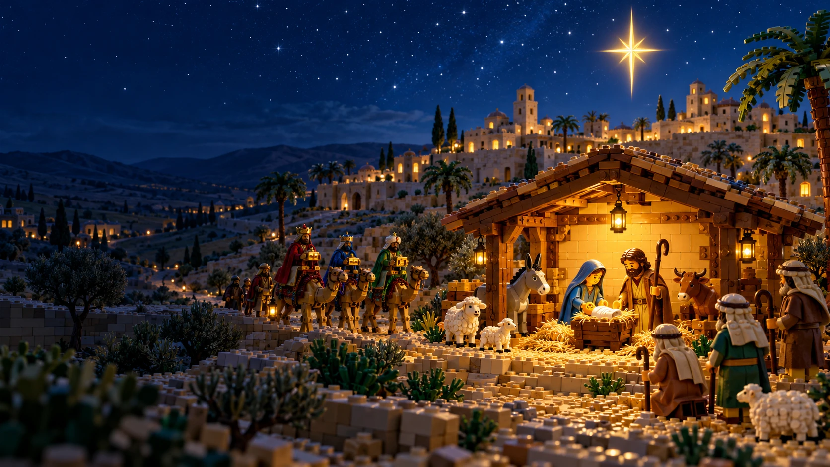 Illustrative brick-built Nativity scene