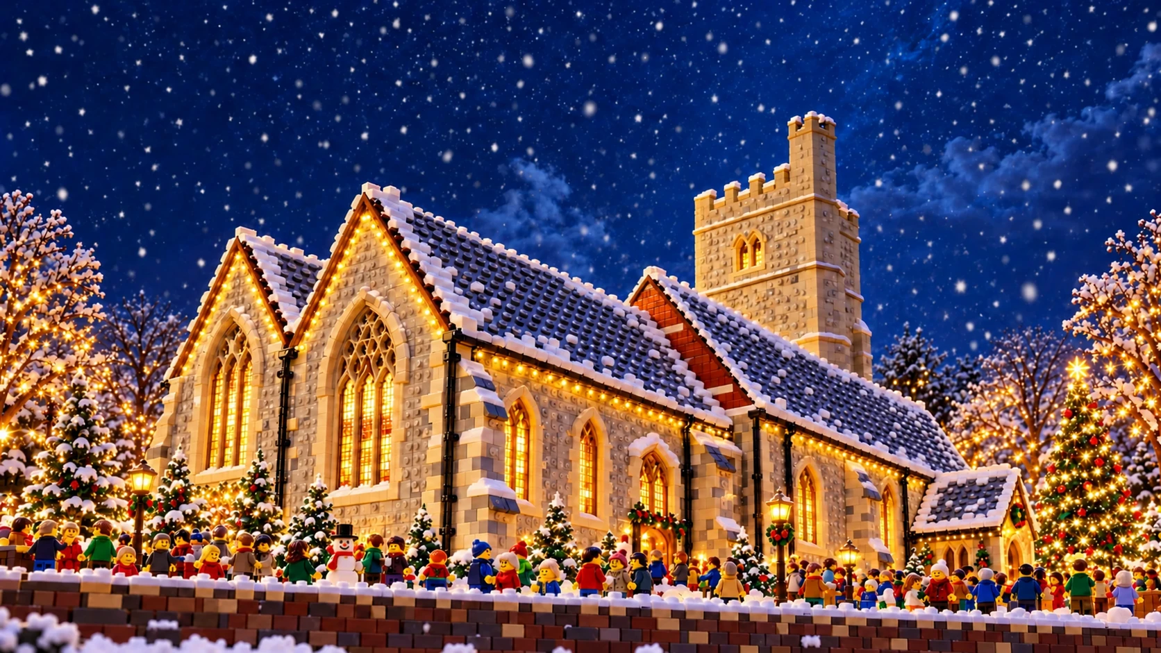 Illustrative snowy brick-built St Margaret’s Church at Christmas